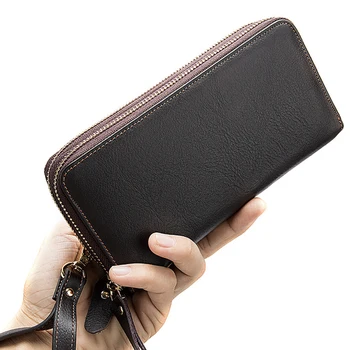 Мъжка чанта за мобилен телефон от естествена кожа с двоен цип, мъжки реколта дълги портфейли-клатчи, голям капацитет, държач за карти, портфейл с цип