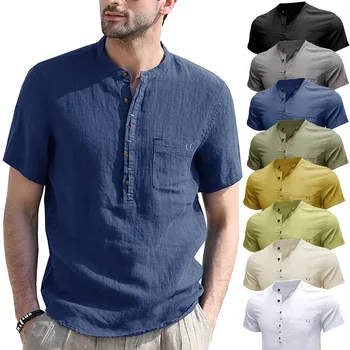 Мъжка риза с голяма яка Хенри, однотонная риза с къс ръкав, памучен и бельо риза, на Едро за доставка, Модерни спортни футболки1 бр.