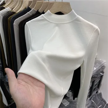 Търговия на едро на основни трикотажни тениски с оформлението на шията 2023, пролетно-есенни тениски с дълъг ръкав за жени, основна рамка, просто обикновен тънки върхове