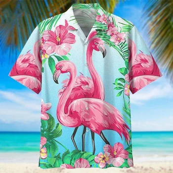 Лятна Мъжка Хавайска Риза с 3D Изображение, Фламинго, Плажна Социална Мъжка Риза Оверсайз, Забавно Облекло Dazn С Къс Ръкав, Нов Списък
