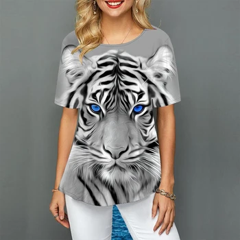 Дамски тениски големи размери с къс ръкав, цветни тениски с 3D принтом Тигър, Свободни ежедневни блузи, дамски нерегулярная летни дрехи