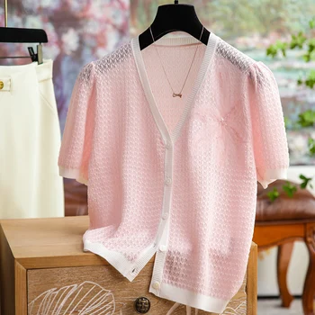 Темпераментен тънка версия на летния женски трикотаж от плътна тъкан, ежедневни офис женски обикновена елегантни блузи, тениски, дрехи