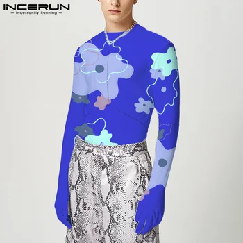 INCERUN 2023 Мода Мъжка тениска с кръгло деколте и дълги ръкави и принтом, Ежедневни мъжки дрехи, Градинска облекло за фитнес, Индивидуалност, Camisetas