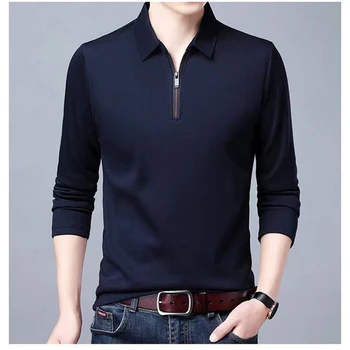Нова мъжки однотонная риза с къси ръкави с ревери, поло Риза с дълъг ръкав, яка с цип, Мода пролет-есен тънка риза, ежедневни свободни топове