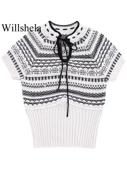 Willshela Женски модерен вязаный пуловер с жаккардовым принтом дантела, Ретро пуловер с кръгло деколте и къси ръкави, Шикозни дамски блузи