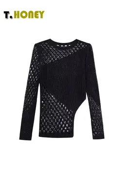 TELLHONEY/ дамски модни блузи с кръгло деколте и нередовни деколте, женски случайни пуловер с дълги ръкави, монтиране на фигурата
