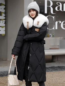 Зимните якета от кожа яка IUOIIN за жени, палта, 2023, зимна мода дълга однотонная яке, проста с колан, Удобно палто с цип