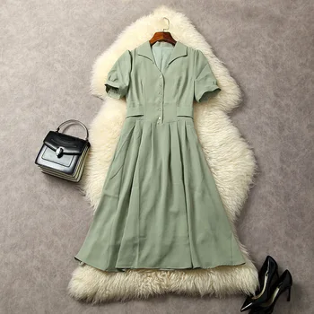 2023 Лятна дамски дрехи за пътуване до работа, Елегантен назъбена яка, къс ръкав, дебнещ светло зелена рокля трапецовидна форма с дължина до коляното