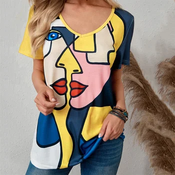Женска тениска с абстрактен модел на човешко лице, Лятна къса дрехи в стил Харадзюку, Ежедневни за момичета, Тениска Y2K, Модни топове с 3D