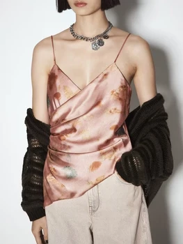 ТРАФИКА/ Дамски модни блузи с асиметрични принтом, Сексуална бретельки с V-образно деколте, гънки, Дамски потници без ръкави, Mujer