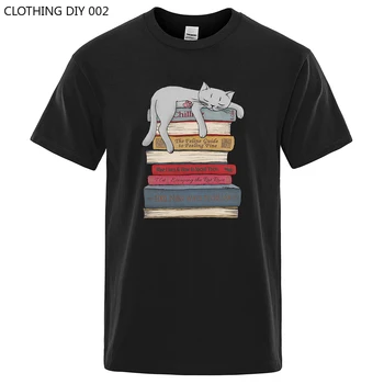 Индивидуалност, Забавни котка, да лежи на купчина книги, Тениски, Мъжки памучен тениска с кръгло деколте, Ежедневни майк, Модерен Свободен топ с къс ръкав
