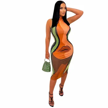 Жена африкански рокля С висока яка, Без ръкави, с дължина до коляното, Летни Дрехи, Нов Модерен Принт, Сексуална Клубна Дрехи, Дебнещ Африкански рокля 2023