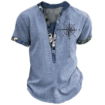 Нова мъжка риза Henry облекло с висока деколте и компас, 3D печат, Градинска мода с къс ръкав и копчета