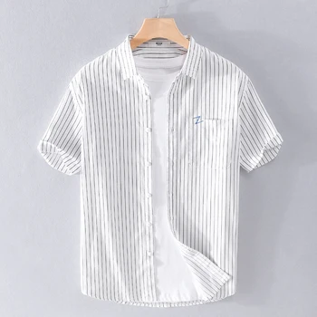 2023 Изискан мъжки висококачествен Памучен риза в японската ивица, ежедневни младежка риза с къс ръкав в британския стил, Без тенденция риза