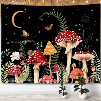 Триппи Гоблен с гъби и Пеперуди, Ботаническата Гоблен с Луната и Звездите в стил Хипи, Естетически декорация на всекидневна