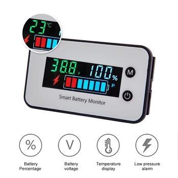Измерител на капацитет на Оловно-киселинен живот на батерията Тестер за напрежение Водоустойчив Lifepo4 Цветен индикатор на температурата Волтметър Литиева