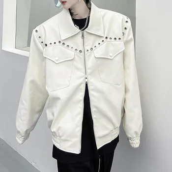 Модерен Мъжки якета от изкуствена кожа, бродирани с пайети Наплечники, мотоциклетни палта с ревери, Градинска дрехи с дълъг ръкав, Американската Ежедневни Връхни дрехи