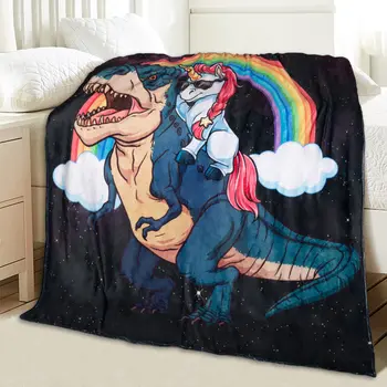 Одеяло с Единорогом Езда На Свирепом Динозавре, Забавен Rainbow Unicorn и тиранозавър рекс 